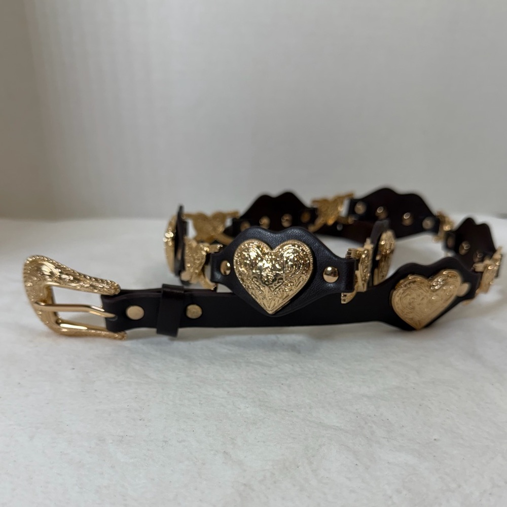 Brown Gold Toned Heart Belt Women's Size 43 1/2 Inches Country Boho Style